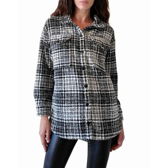 NWT LBLC The Label Pamela Black White Plaid Button-Up Shirt Jacket Shacket Sz L - Picture 2 of 11